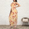 Women's Leaves Print Round Neck Sundress Pocket Maxi Dress Custom Specialized Round Neck Sundress Pocket Maxi Dress