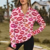 Women's Lip Print Lapel Half Zip Long Sleeve T-Shirt Custom Personalized Women's Lapel Half Zip Long Sleeve T-Shirt