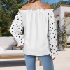 Women's Polka Dot Letter Print Off Shoulder Lantern Sleeve Ruffle Trim Blouse Custom Specialized Off Shoulder Lantern Sleeve Ruffle Trim Blouse