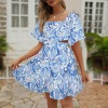 Women's Paisley Square Neck Crossover Waist Cutout Casual Dresses Custom Personalized Square Neck Crossover Waist Cutout Casual Dresses