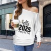 Women's New Year Theme Casual Long Batwing Sleeve Off Shoulder Sweater Custom Personalized Casual Long Batwing Sleeve Off Shoulder Sweater
