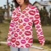 Women's Lip Print Lapel Half Zip Long Sleeve T-Shirt Custom Personalized Women's Lapel Half Zip Long Sleeve T-Shirt