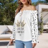 Women's Polka Dot Letter Print Off Shoulder Lantern Sleeve Ruffle Trim Blouse Custom Specialized Off Shoulder Lantern Sleeve Ruffle Trim Blouse