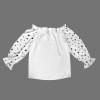 Women's Polka Dot Letter Print Off Shoulder Lantern Sleeve Ruffle Trim Blouse Custom Specialized Off Shoulder Lantern Sleeve Ruffle Trim Blouse