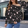 Women's Heart Print Casual Long Batwing Sleeve Off Shoulder Sweater Custom Personalized Casual Long Batwing Sleeve Off Shoulder Sweater