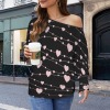 Women's Heart Print Casual Long Batwing Sleeve Off Shoulder Sweater Custom Personalized Casual Long Batwing Sleeve Off Shoulder Sweater
