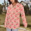 Women's Cherry Print Lapel Half Zip Long Sleeve T-Shirt Custom Personalized Women's Lapel Half Zip Long Sleeve T-Shirt