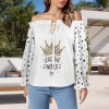 Women's Polka Dot Letter Print Off Shoulder Lantern Sleeve Ruffle Trim Blouse Custom Specialized Off Shoulder Lantern Sleeve Ruffle Trim Blouse