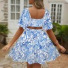 Women's Paisley Square Neck Crossover Waist Cutout Casual Dresses Custom Personalized Square Neck Crossover Waist Cutout Casual Dresses