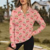 Women's Cherry Print Lapel Half Zip Long Sleeve T-Shirt Custom Personalized Women's Lapel Half Zip Long Sleeve T-Shirt